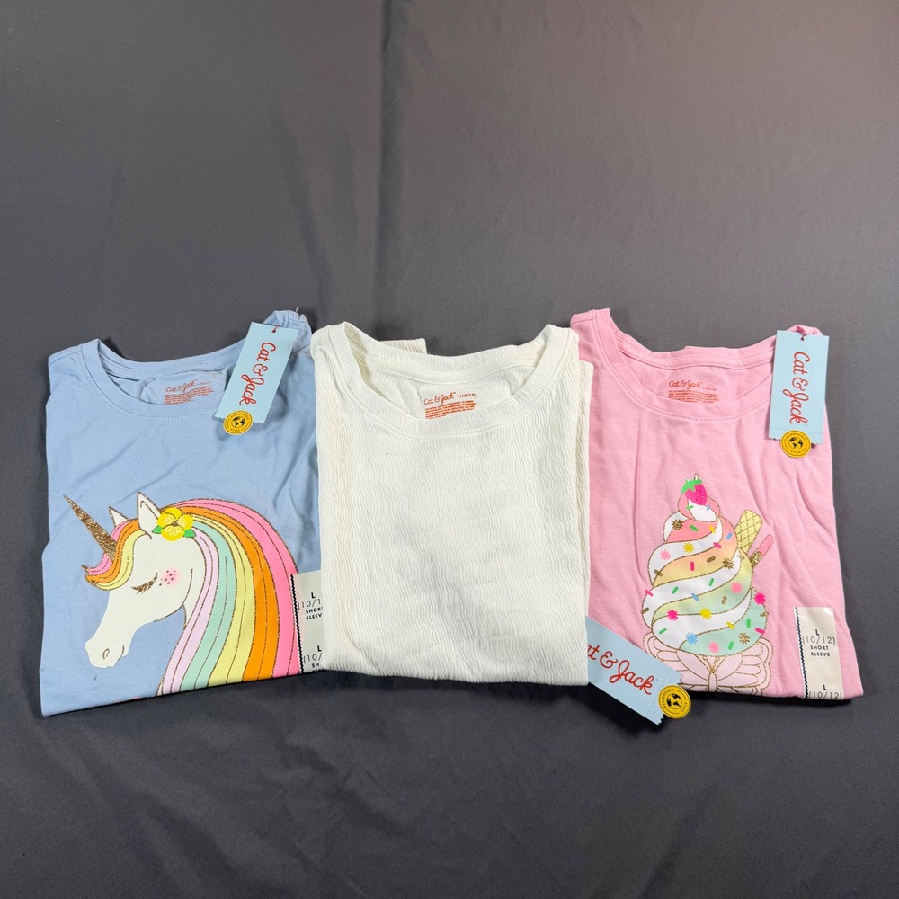 Cat & Jack Girls T-Shirt Bundle 3pk Unicorn Ice Cream Ribbed Cream 10/12